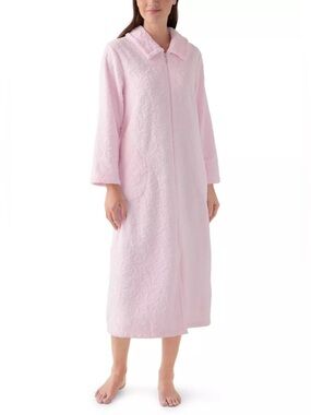 Miss Elaine Pink Fleece Zip Front Midi Robe XL Floral Plush Pockets Cozy Lounge